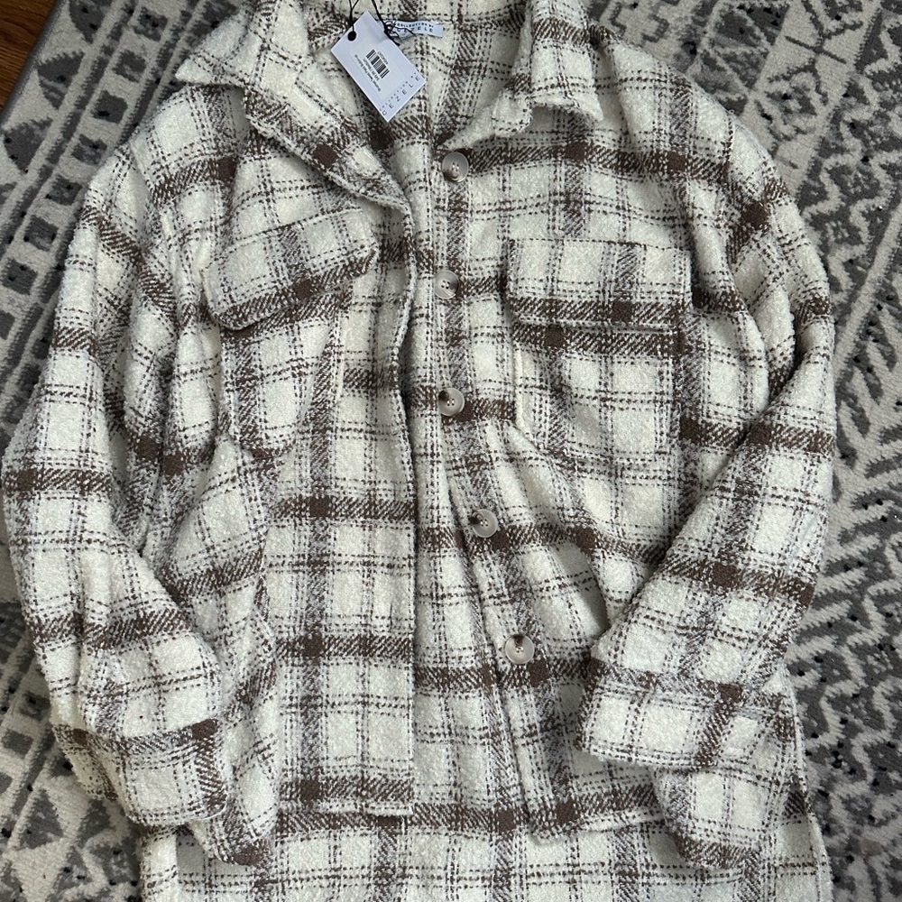 Cezele Brown and Cream Plaid Brushed Tweed Button-Up